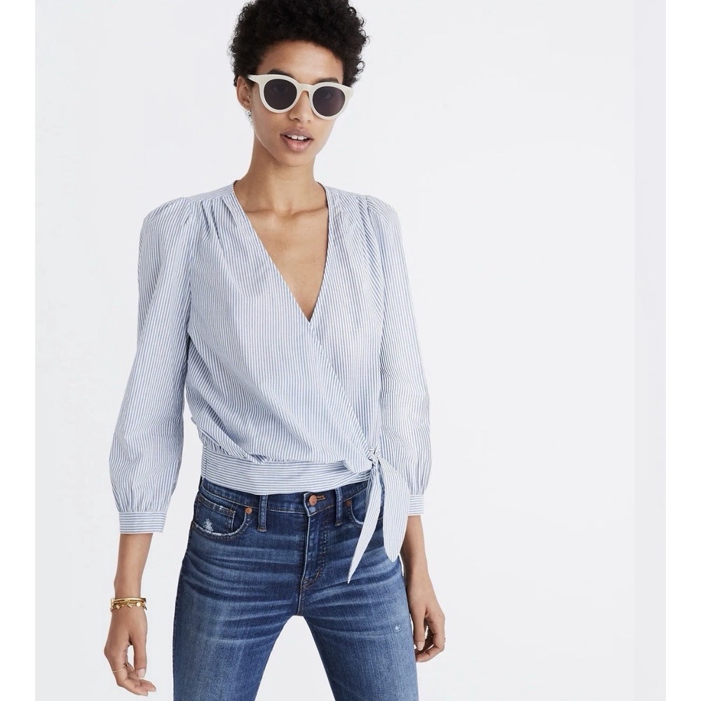 Madewell Wrap Top Women's XS White Blue Stripe Long Sleeve Cropped Cotton Flaw